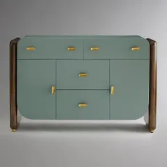 This sleek buffet showcases our mastery of material fusion. A medium sheen lacquer chest in a serene sage green is framed by rich, dark wood sides, all resting on burnished brass plinths. The custom pill-shaped brass pulls add a final touch of refined detail.
