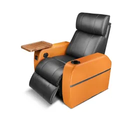 Comfort is key to the cinema experience. We offer a range of luxury home theatre recliners, like this model featuring premium leather, integrated cup holders, and a convenient swivel tray for snacks and drinks.