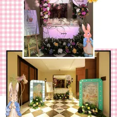 A collage showcasing the elegant Peter Rabbit theme. The decor includes character cutouts, lush floral arrangements, and custom signage, all creating a vintage English garden feel.