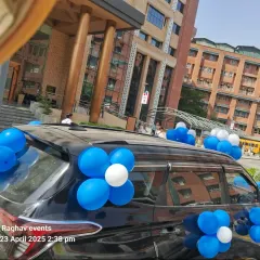 A side view of the decorated car, showing balloon arrangements on the roof and doors.