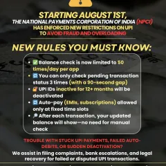 This infographic details the new UPI restrictions from NPCI, effective August 1st, 2025. We explain the new rules on balance checks, inactive IDs, and auto-pay to help users avoid transaction failures and offer legal recovery for disputed payments.
