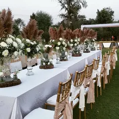 This long table setup for an outdoor daytime event features a boho theme with pampas grass, white floral arrangements, and rustic wooden elements. The elegant chair ties and clean white tablecloth create a relaxed yet sophisticated atmosphere.