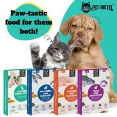 We have meal options for both your canine and feline friends. This image features Goofy Tails ready-to-eat meals, with different protein sources like chicken, mackerel, and tuna to satisfy any preference.