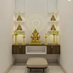A modern and serene wall-mounted pooja unit. The design features a white backdrop with a CNC-cut 'Om' mandala, backlit for a divine glow, and niches for idols, creating a peaceful corner for prayer.