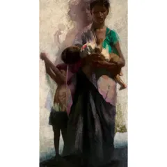Titled "Love & Hunger," this oil on canvas work delves into the theme of motherhood amidst adversity. I used the impasto technique to create a textured, almost sculptural quality, representing the mother as a foundational, inspirational figure in a challenging world.