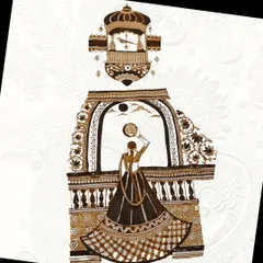 This is a classic Karwachauth design, telling the story of the festival. It features a detailed portrait of a woman in traditional attire looking at the moon through a chhalni, set within an ornate jharokha.
