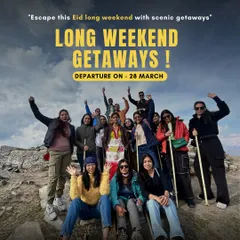 Another long weekend is here! This Eid, grab your friends and create unforgettable memories with our scenic getaways. This poster shows a happy group ready for their adventure.