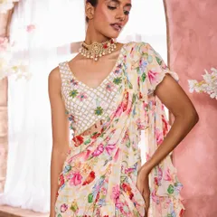 A fresh and floral look perfect for a daytime engagement or Mehendi. The makeup is kept light and airy with a focus on a healthy glow, complemented by a soft pink lip and subtly defined eyes to match the floral saree.