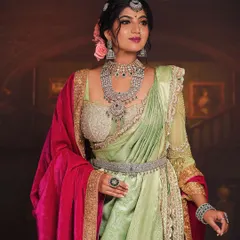 Another view of the 'Peshwe Bai' look, this time focusing on the luxurious layers of jewelry. The diamond and emerald sets, including the belt and maang tikka, are central to this regal portrayal.