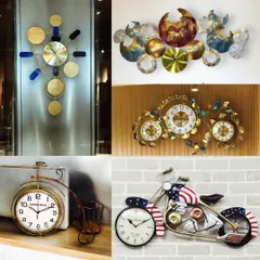 A collage showcasing the diversity of our designs, from abstract metal art and quirky vehicle clocks to elegant tabletop pieces.