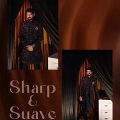 A collage dedicated to the groom's suave reception look, captioned "Sharp & Suave."