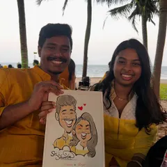 Another happy couple from a recent event. Matching outfits and big smiles make for a perfect caricature moment.