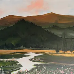 A massive 5ft by 3ft landscape painting I created for a home in Bareilly. The scene depicts a tranquil river flowing through rolling hills and fields of wildflowers.