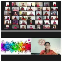 A collage capturing the closing moments of our virtual workshop on prosperity. The grid of participants and a 'Thank You' slide reflect the successful completion of a multi-day event focused on meditation, healing, and spiritual growth.