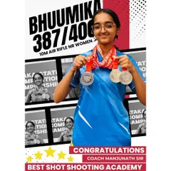 A proud moment for Bhuumika, who scored 387/400 and secured multiple medals in the 10M Air Rifle NR Women event during the 13th Karnataka State Shooting Competition.