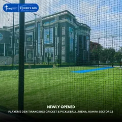 The view from behind the net of our newly opened box cricket arena in Rohini. The modern school building in the background highlights our safe and premium campus locations.
