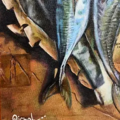 This detail shot highlights the artist's control over color blending and form. The subtle shifts in blue and silver on the fish scales demonstrate a strong understanding of how light interacts with surfaces.