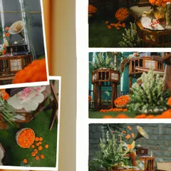 A collage of photos showcasing the creative use of vegetables and fruits in housewarming decor.