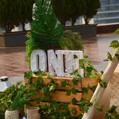 For a "Wild One" first birthday, we used marquee letters set against wooden crates and lush greenery to establish the jungle-boho theme right from the entrance.