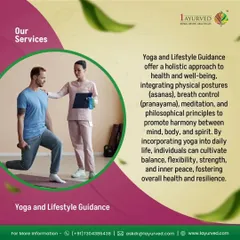 Our Yoga and Lifestyle Guidance offers a holistic approach to health. We integrate physical postures (asanas), breath control (pranayama), and meditation to help you cultivate balance, flexibility, strength, and inner peace in your daily life.
