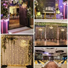 This collage showcases various elements from a sangeet night, demonstrating my versatility. I can create everything from a grand floral entrance and a shimmering stage backdrop to a personalized welcome area and organized guest seating.
