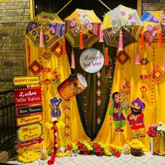 The full view of the Lohri decor setup. It’s a vibrant mix of colors, textures, and traditional motifs that creates a fantastic celebratory atmosphere.