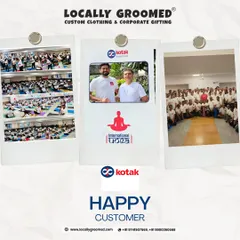 A collage celebrating our partnership with Kotak Mutual Fund for International Yoga Day. We supplied custom t-shirts for their event, helping to promote wellness and team spirit among their employees.