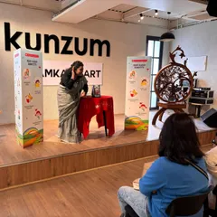 The storyteller using gestures and expressions to animate the tale of Dogman. Our stage is set up to host these kinds of energetic and theatrical readings for children.