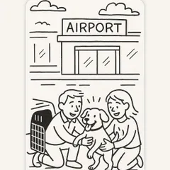 This illustration shows a family dropping their happy dog off at the airport. I handle the process from here to ensure a safe journey.