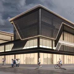 A design concept for an upcoming shopping mall in Dwarka. This proposal uses dark glass and sharp, angular forms with integrated lighting to create a dramatic and modern retail destination.