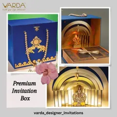 A premium invitation box crafted from royal blue velvet, featuring a stunning multi-layered golden pop-up of Lord Ganesha. This opulent design is perfect for a grand wedding or a significant celebration, offering a truly regal first impression.