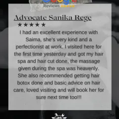 This client loved her first visit for a hair spa and cut, calling the massage "heavenly". She also appreciated the expert recommendation for Hair Botox and advice on hair care.
