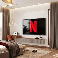 The media wall opposite the bed, featuring a floating desk and TV console. This demonstrates how I integrate a compact workspace seamlessly into a bedroom design.