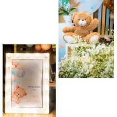 A collage showing the light-up 'Bear-y Land' welcome sign and a cute teddy bear prop sitting in a bed of baby's breath.