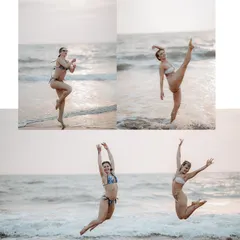 A collage of energetic, joyful jumps and poses on the beach. I love capturing these high-energy moments that show freedom and happiness.