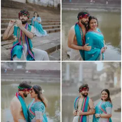 A collage of moments from a Radha-Krishna themed pre-wedding shoot. It captures the playful, romantic, and spiritual elements of their story by the river.