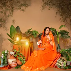 A serene solo portrait of the mom-to-be styled as Sita. She is seated gracefully in an orange saree amidst a backdrop of lush greenery, earthen pots, and warm lanterns, creating a divine and peaceful atmosphere.