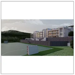 A rendering of a state-of-the-art school in Kangra, Himachal Pradesh. The building is terraced into the hillside, respecting the natural topography while providing modern educational facilities.