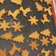 A tray of our gingerbread cookies, fresh from the oven. They are made with wholesome ingredients and shaped like festive trees, stars, and reindeer.