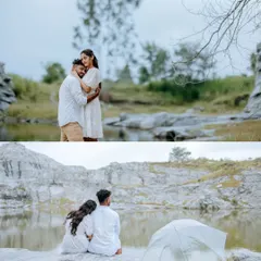 A two-part collage showing a couple at a quarry. The top image is an intimate embrace, while the bottom shows them sitting by the water, creating a sense of peace and togetherness.