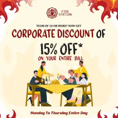 Fuel your team's success with a sizzling 15% corporate discount on your entire bill. It's the perfect way to ignite savings and morale.