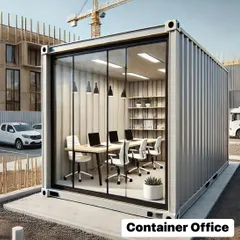 This is a container office set up at a construction site. It provides a professional, comfortable, and secure workspace that can be easily relocated as the project progresses.