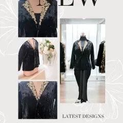 A black velvet blazer with hand-embroidered lapels is a versatile and luxurious piece. It can be styled in many ways for both formal and semi-formal occasions, adding a touch of sophistication to any outfit.
