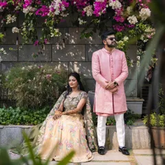 A beautiful collection of photos from Disha and Sumanth's pre-wedding shoot. Her makeup is soft and romantic, perfect for these candid and posed shots in a lovely garden setting.