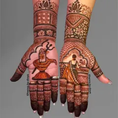 A special design for the festival of Teej, celebrating the union of Shiva and Parvati. One palm depicts Lord Shiva with his Trishul, while the other shows a woman observing the fast.
