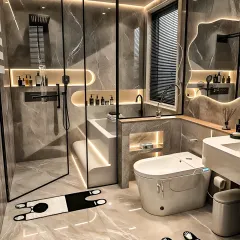 A luxurious and contemporary bathroom featuring marble-look tiles and black fixtures. I incorporated curved, backlit niches for storing toiletries, adding a soft, high-end glow to the space.