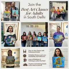 My art classes for adults are a great way to unwind, learn a new skill, and connect with other creative people. This collage shows the happy faces and beautiful artwork from one of our recent adult workshops.