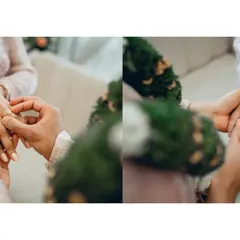 A close-up diptych of the ring ceremony. This tight framing allows us to capture the intimacy and significance of the moment the rings are exchanged.