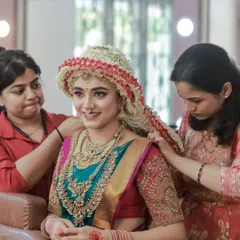 A behind-the-scenes shot of makeup artists preparing a model for a traditional "Sharadha" goddess look. This shows the intricate work and collaboration involved in our shoots.