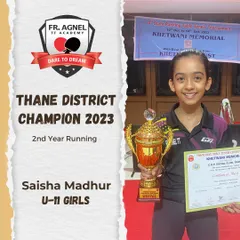 Celebrating Saisha Madhur's second consecutive District Championship title in the U-11 Girls category, a fantastic achievement showing her composure and skill under pressure.
